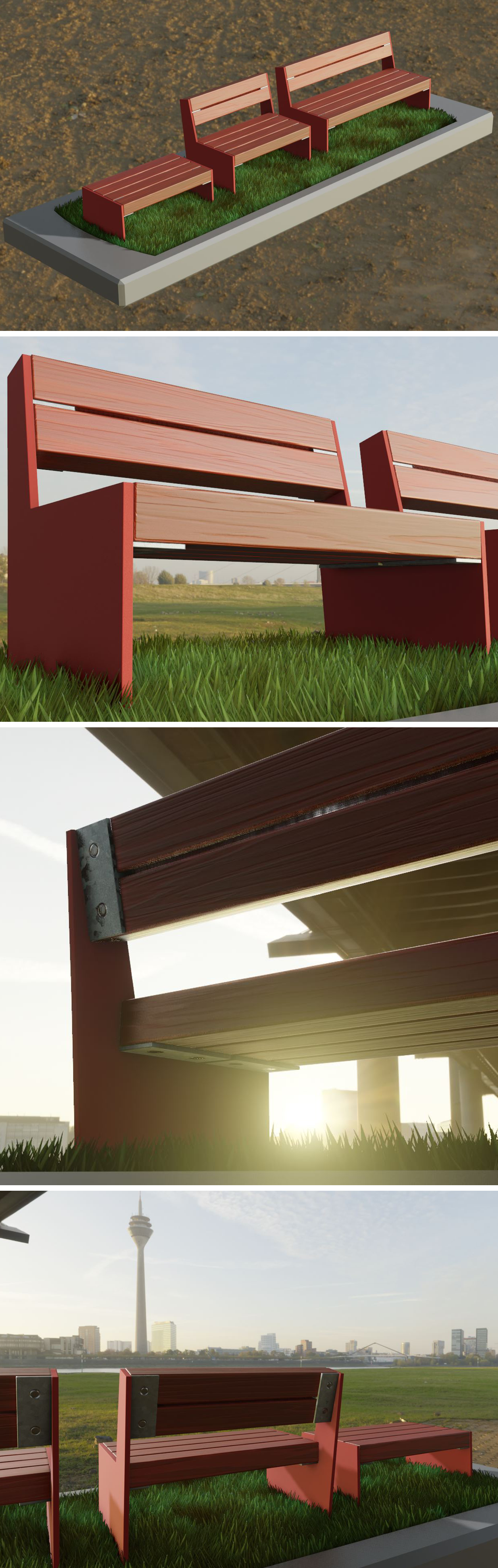 Park Bench [8] Red |Low Poly Version|