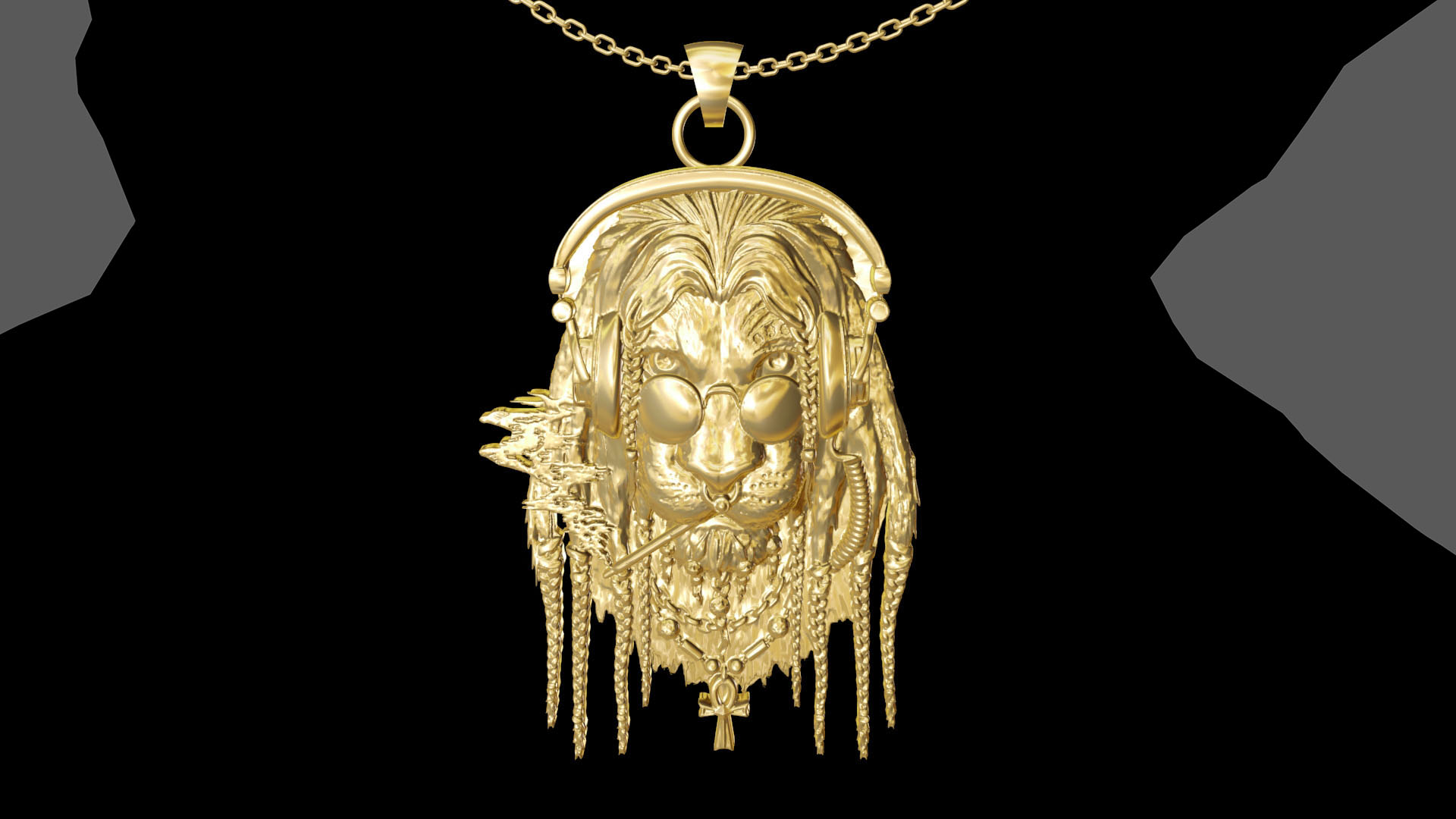 Smoking Lion and headphone pendant jewelry gold necklace medallion 3d model