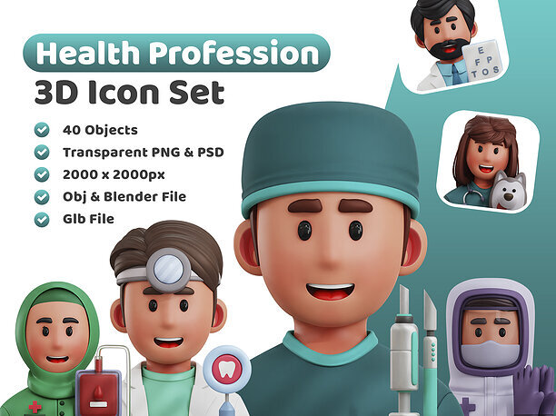 realtime Health Profession Icon Pack 3D Model